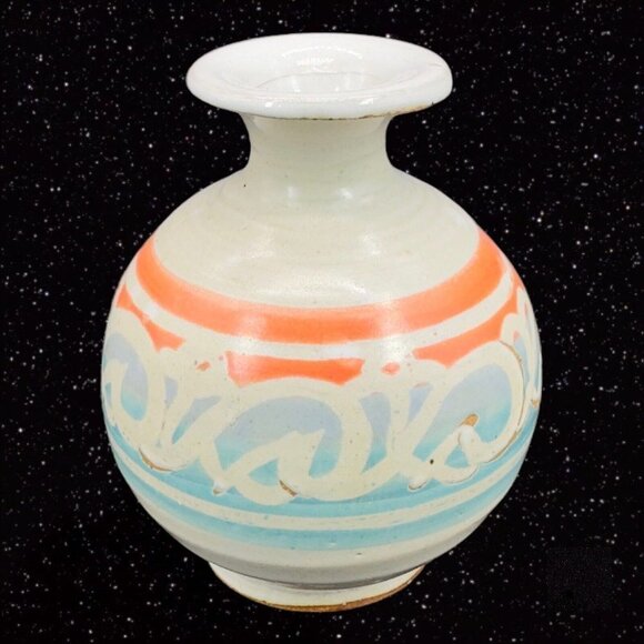 Studio Art Pottery Vase Hand Made Stoneware Vase Hand Painted Orange Blue 4”Tall - Picture 1 of 13